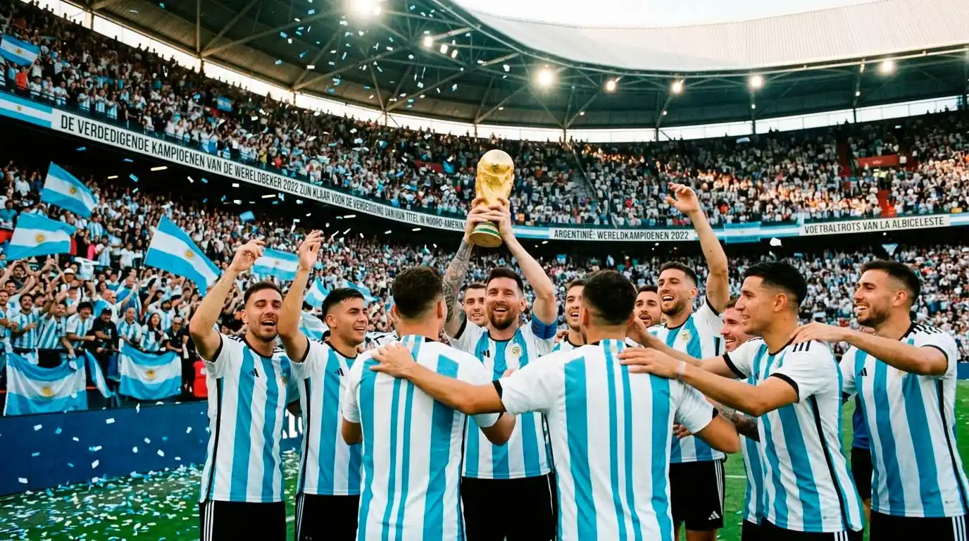 Het Argentijnse elftal viert de WK-winst in Qatar met de trofee