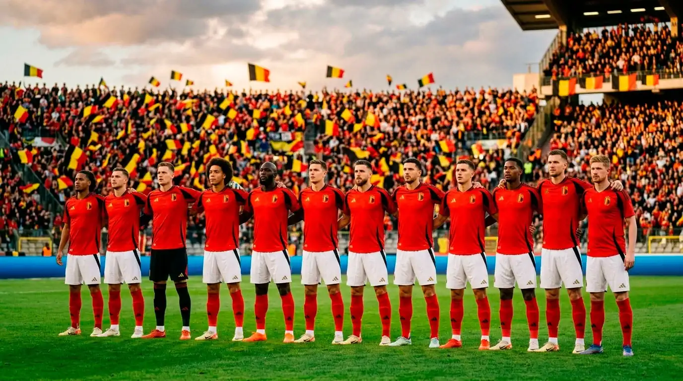 De Rode Duivels in actie tijdens een WK-kwalificatiewedstrijd met het Belgische publiek op de achtergrond