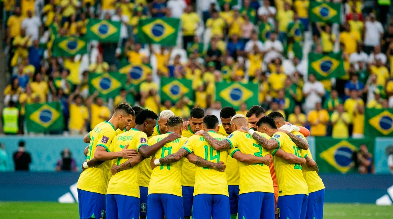 Het Braziliaanse nationale elftal in de iconische gele shirts voor een wedstrijd