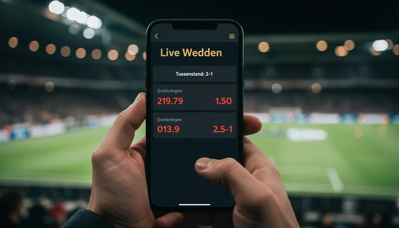 Live wedden interface tijdens een WK 2026 voetbalwedstrijd met real-time quoteringen en speelstand