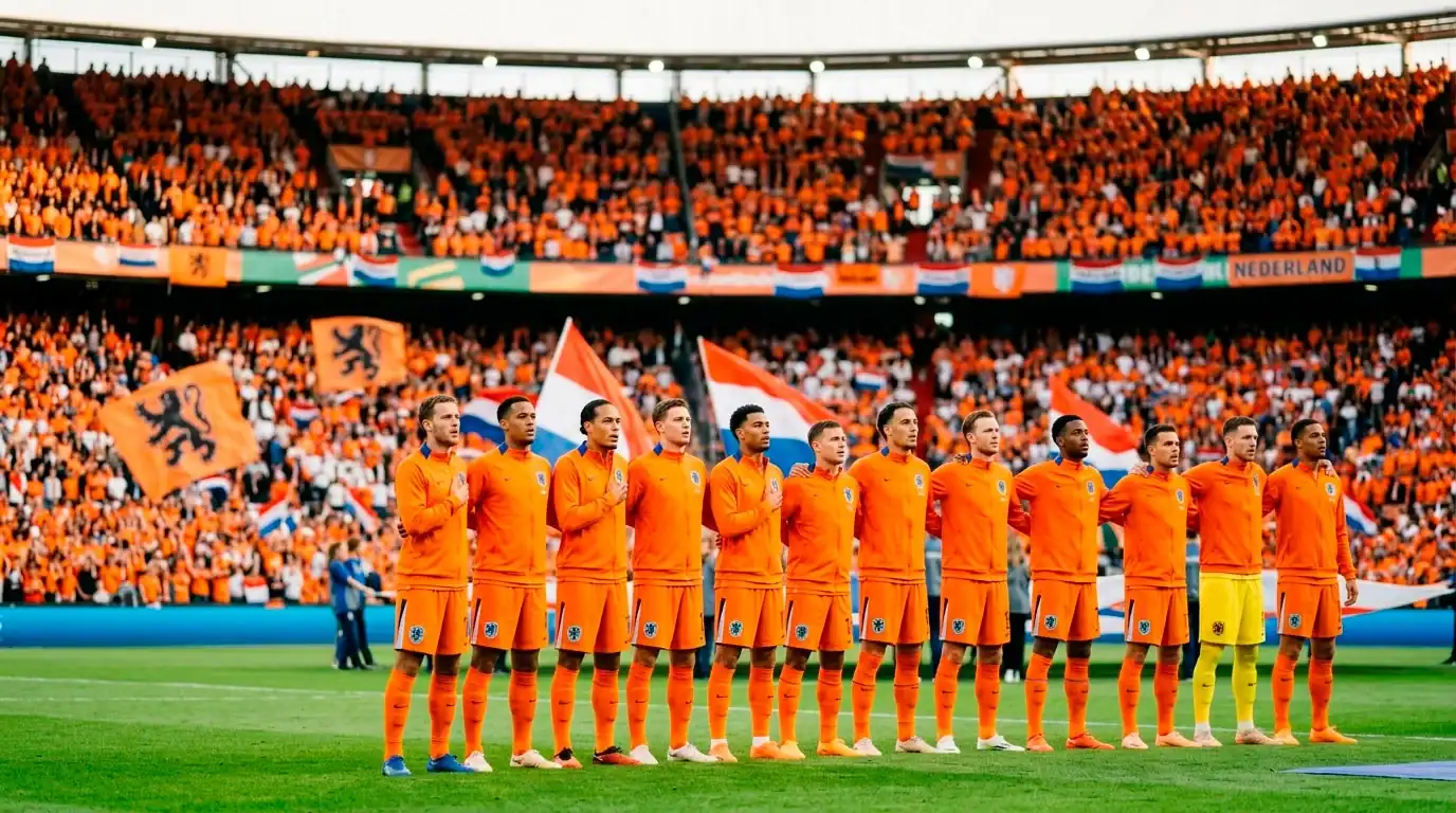 Het Nederlands elftal in het iconische oranje tenue tijdens een WK-kwalificatiewedstrijd