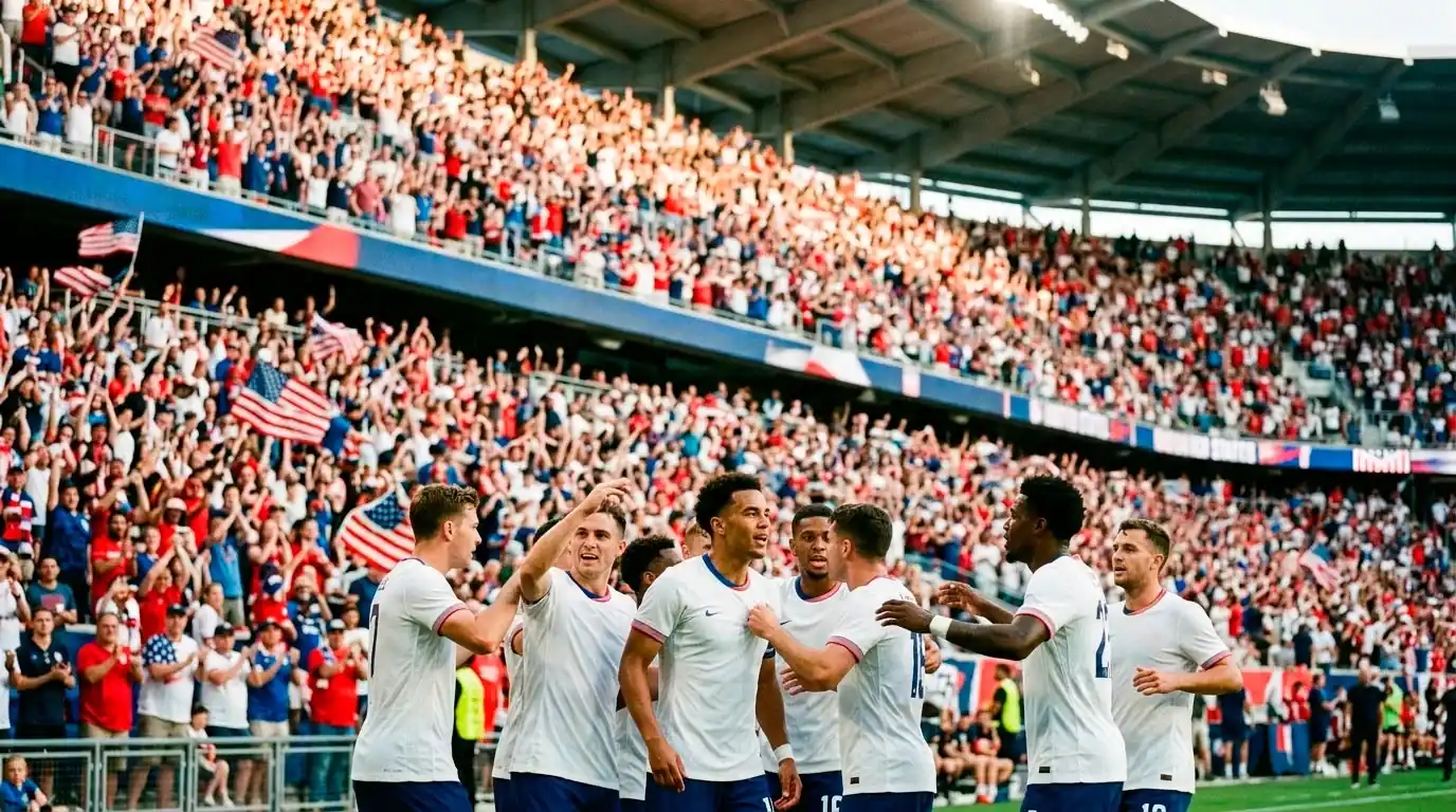 Het Amerikaanse nationale elftal viert een doelpunt voor eigen publiek