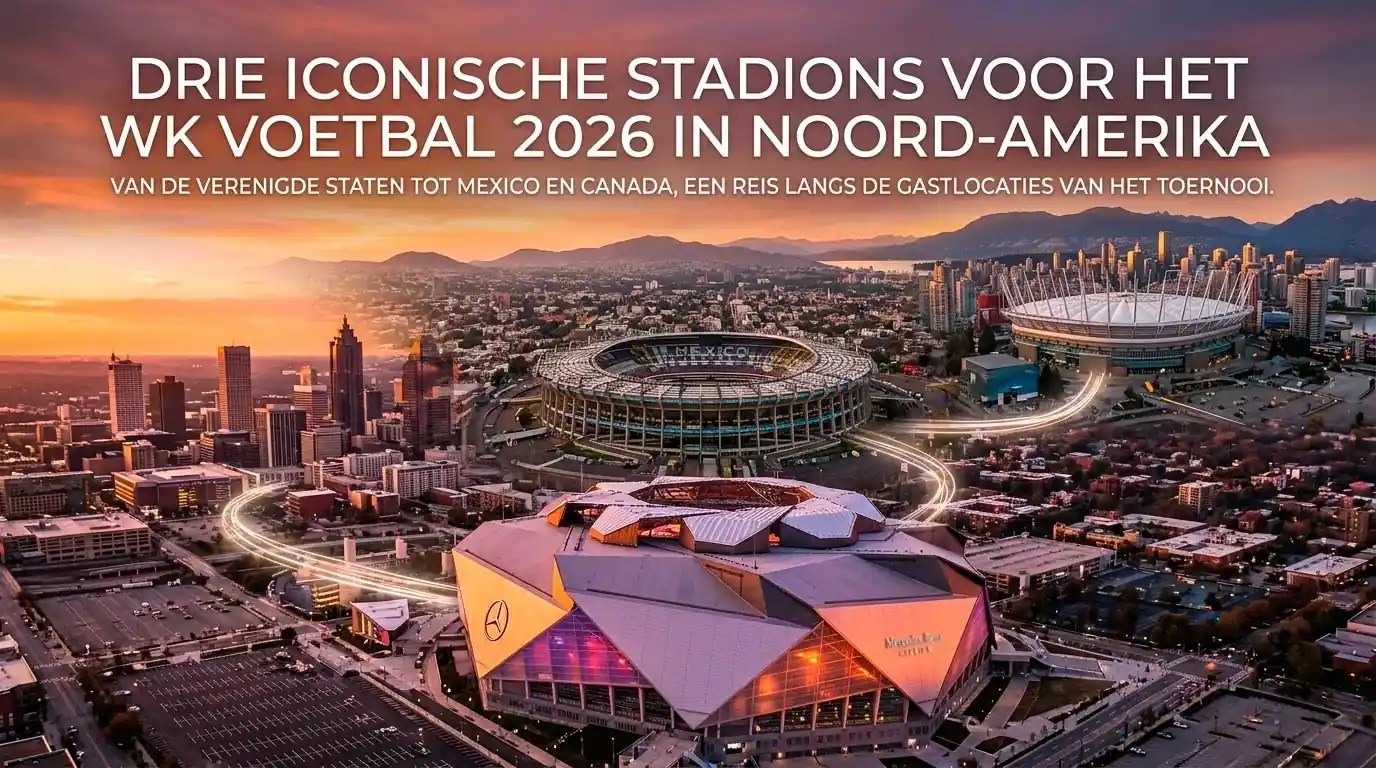 Luchtfoto van drie WK 2026 gaststadions in de Verenigde Staten, Mexico en Canada bij zonsondergang