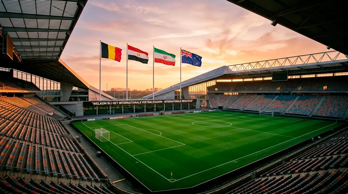 Overzicht van WK 2026 Groep G met België, Egypte, Iran en Nieuw-Zeeland vlaggen en speelschema
