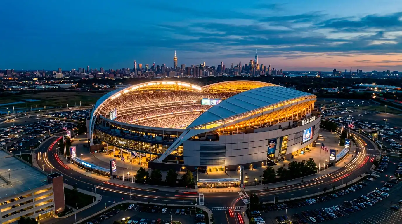 Het MetLife Stadium in New Jersey verlicht in avondgloren, locatie van de WK 2026 finale