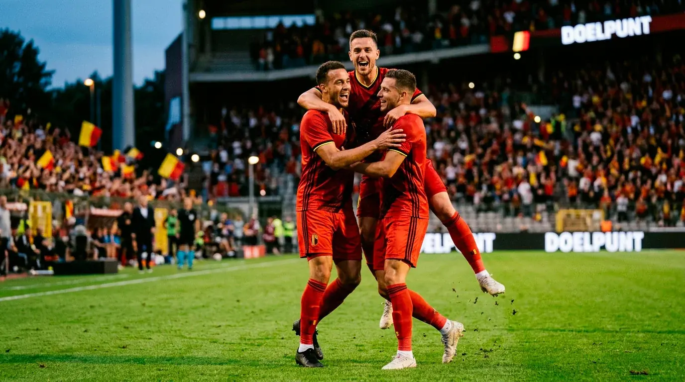 Belgische voetballers in rode shirts vieren een doelpunt op het veld met supporters op de achtergrond