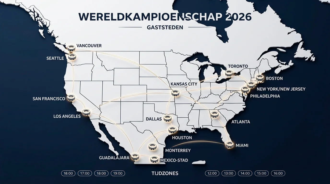 Overzicht van WK 2026 speelsteden verspreid over drie landen met stadions en tijdzones
