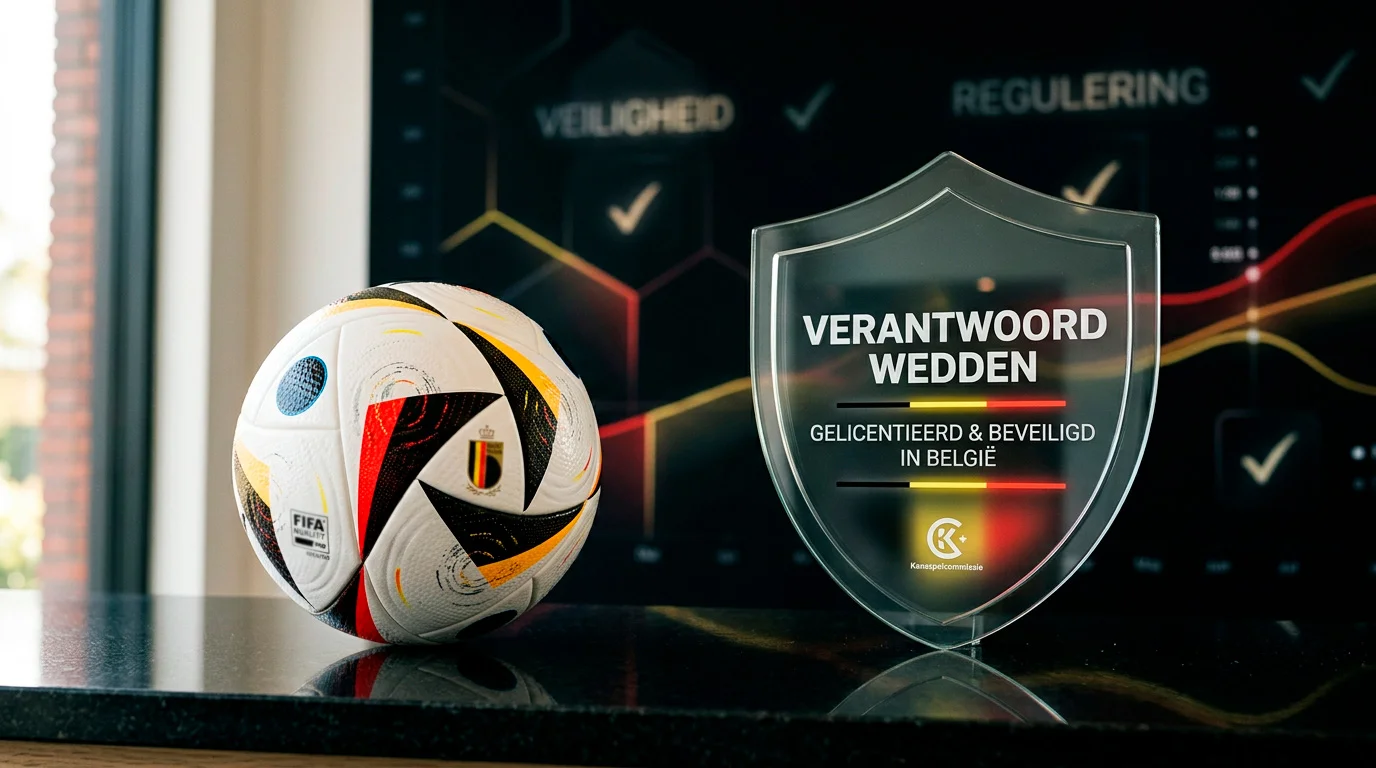 Belgische vlag naast een voetbal met veiligheidsthema-elementen die verantwoord spelen symboliseren
