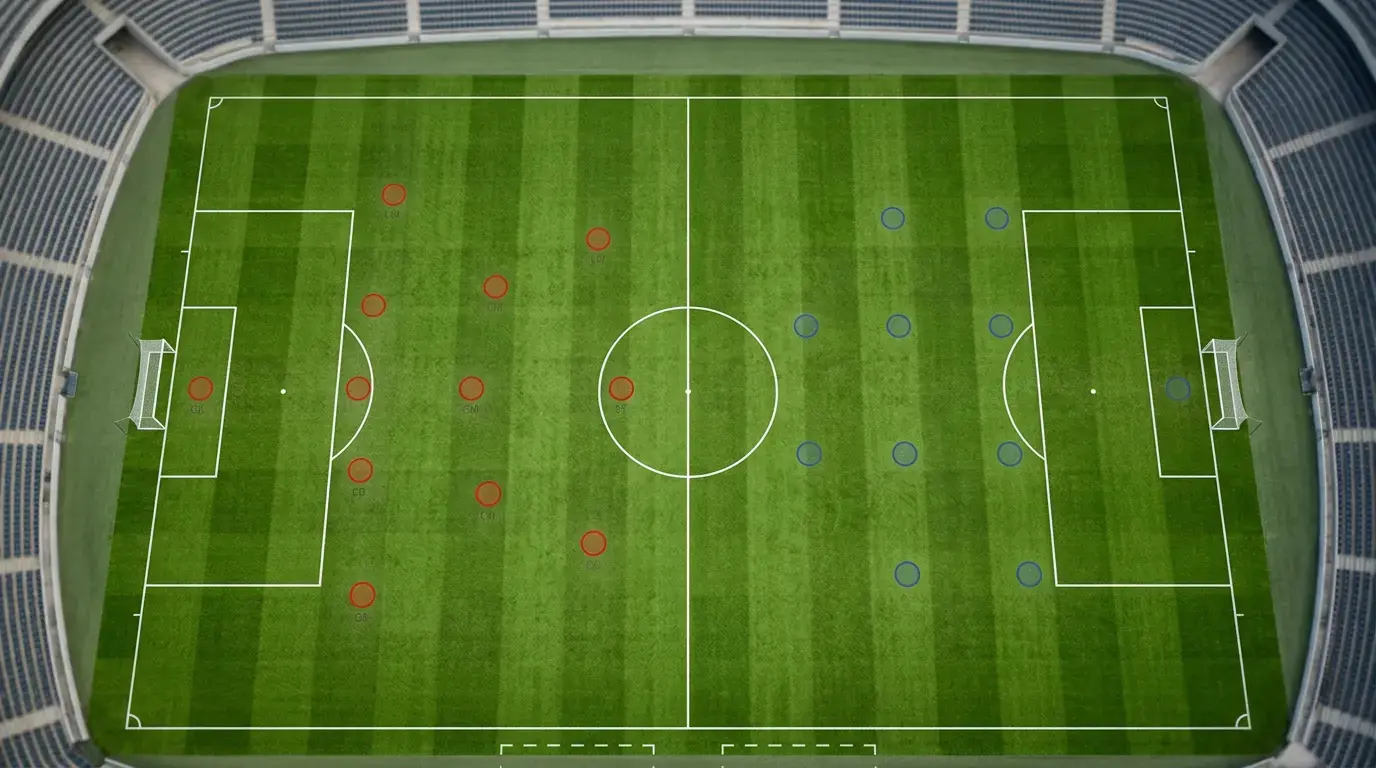 Tactisch overzicht van een voetbalveld met spelersposities, symbool voor de wedstrijdanalyse