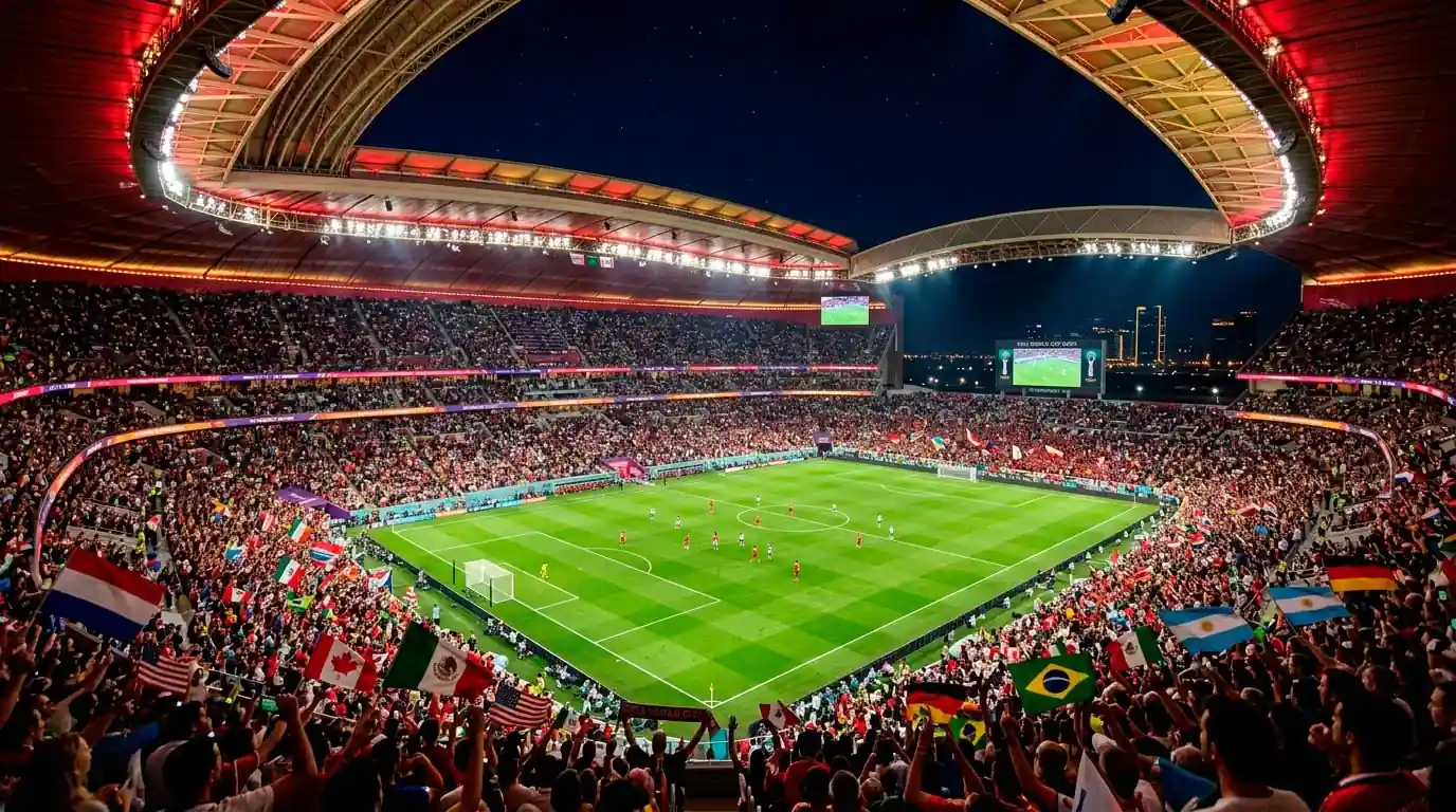 Panoramisch uitzicht op een modern WK 2026 stadion tijdens een avondwedstrijd met verlichte tribunes